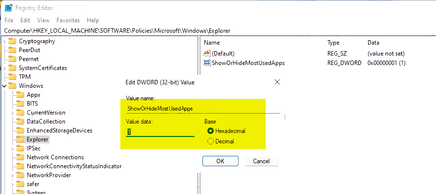 在Win11开始菜单中隐藏或显示最常用的应用程序的方法