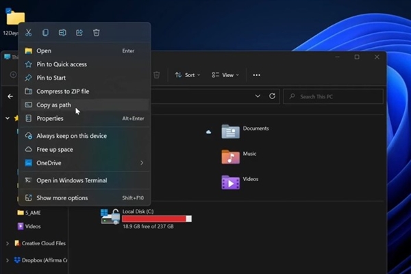 Win11文件管理器迎来改进！复制目录路径更轻松